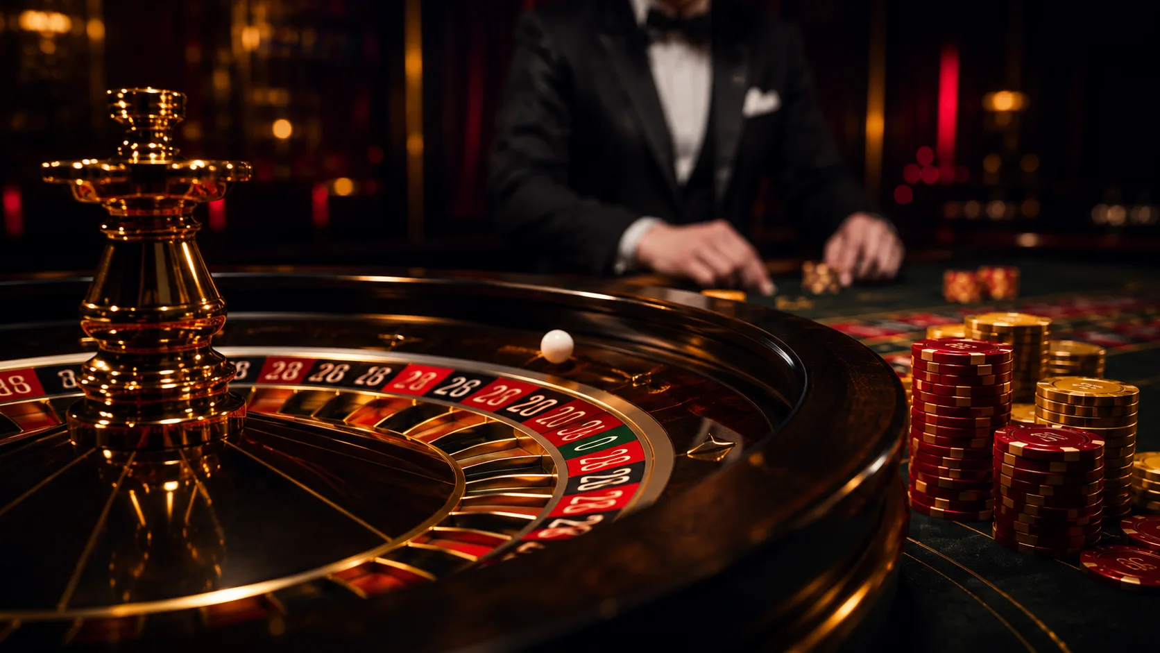 Ruleta europea de casino en vivo con crupier al fondo en Fraga Casino Argentina